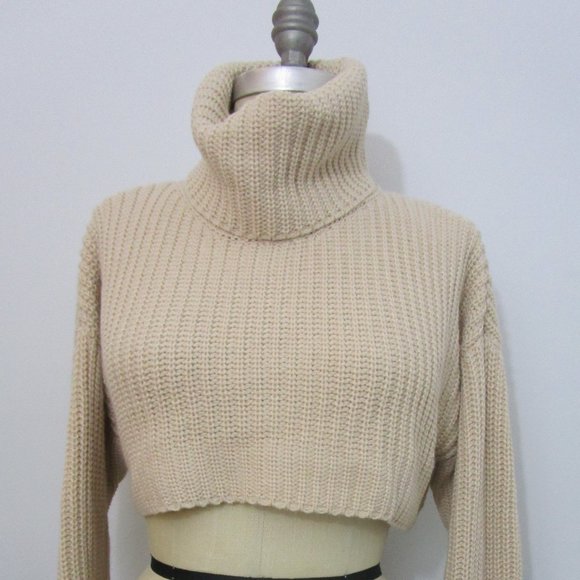 S Cropped Oversized Shaker Knit Turtleneck Sweater Hand Covers NWT - Picture 1 of 6